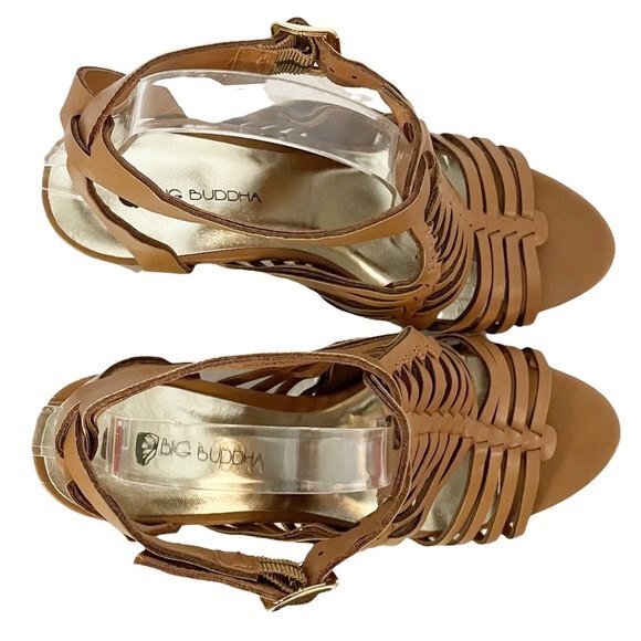 Big Buddha Strappy Block Heel Gladiator Sandal Camel Tan Faux Leather Size 8.5 - Picture 7 of 12